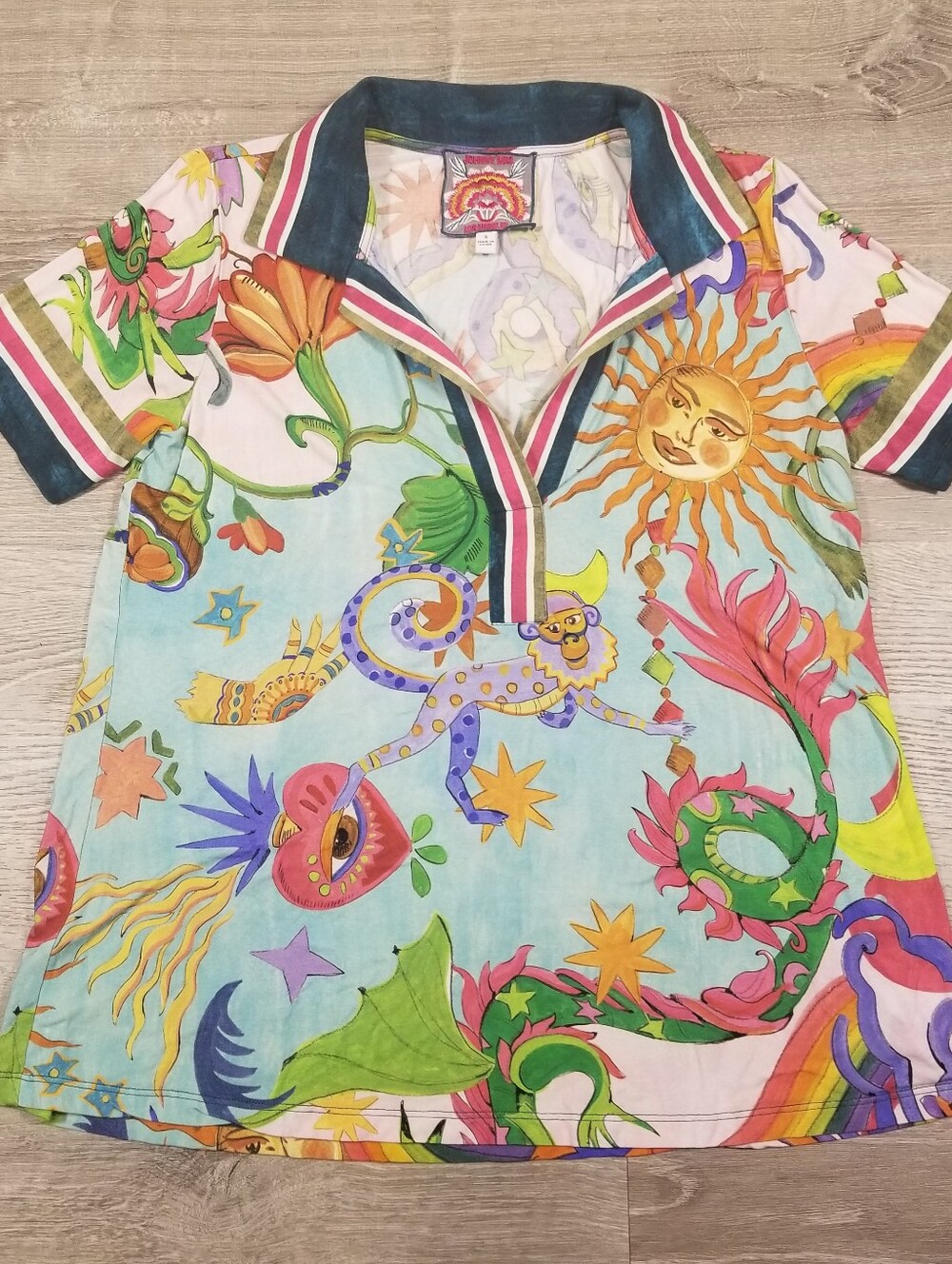Johnny Was Janie Favorite Short Sleeve Swing Polo Womens Small Colorful Stretch
